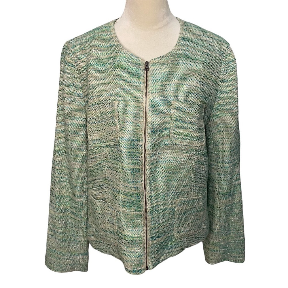 J. Jill Green Tweed Long Sleeve Stretch Linen Blend Zip Up Blazer Jacket Size L